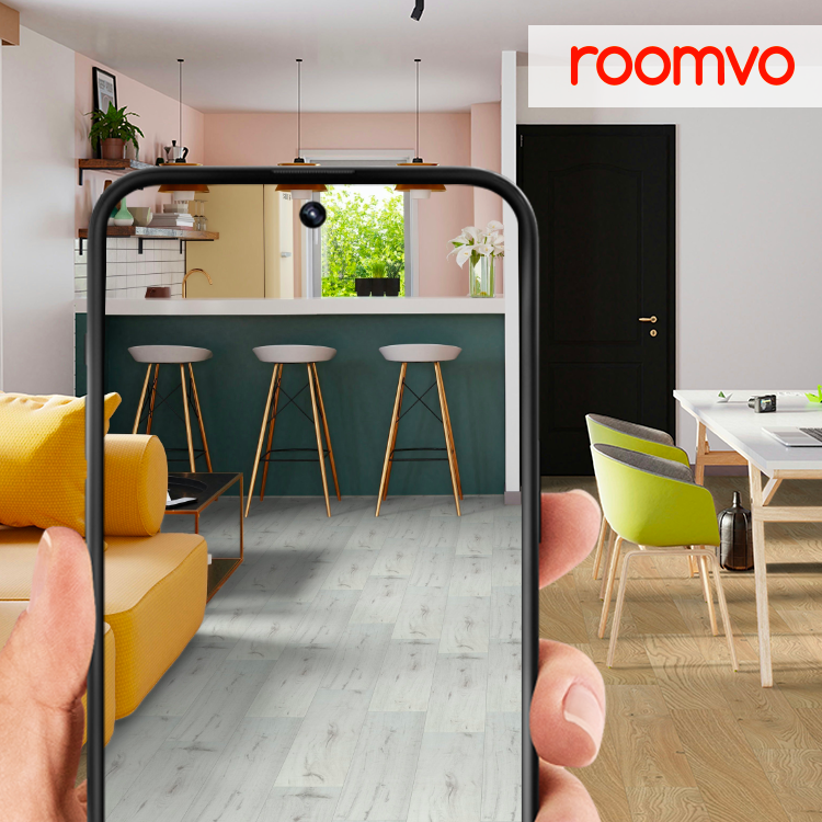 Image diaplaying room visualiser comparing light grey and natural wood laminate.