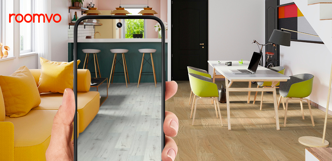 Image diaplaying room visualiser comparing light grey and natural wood laminate.